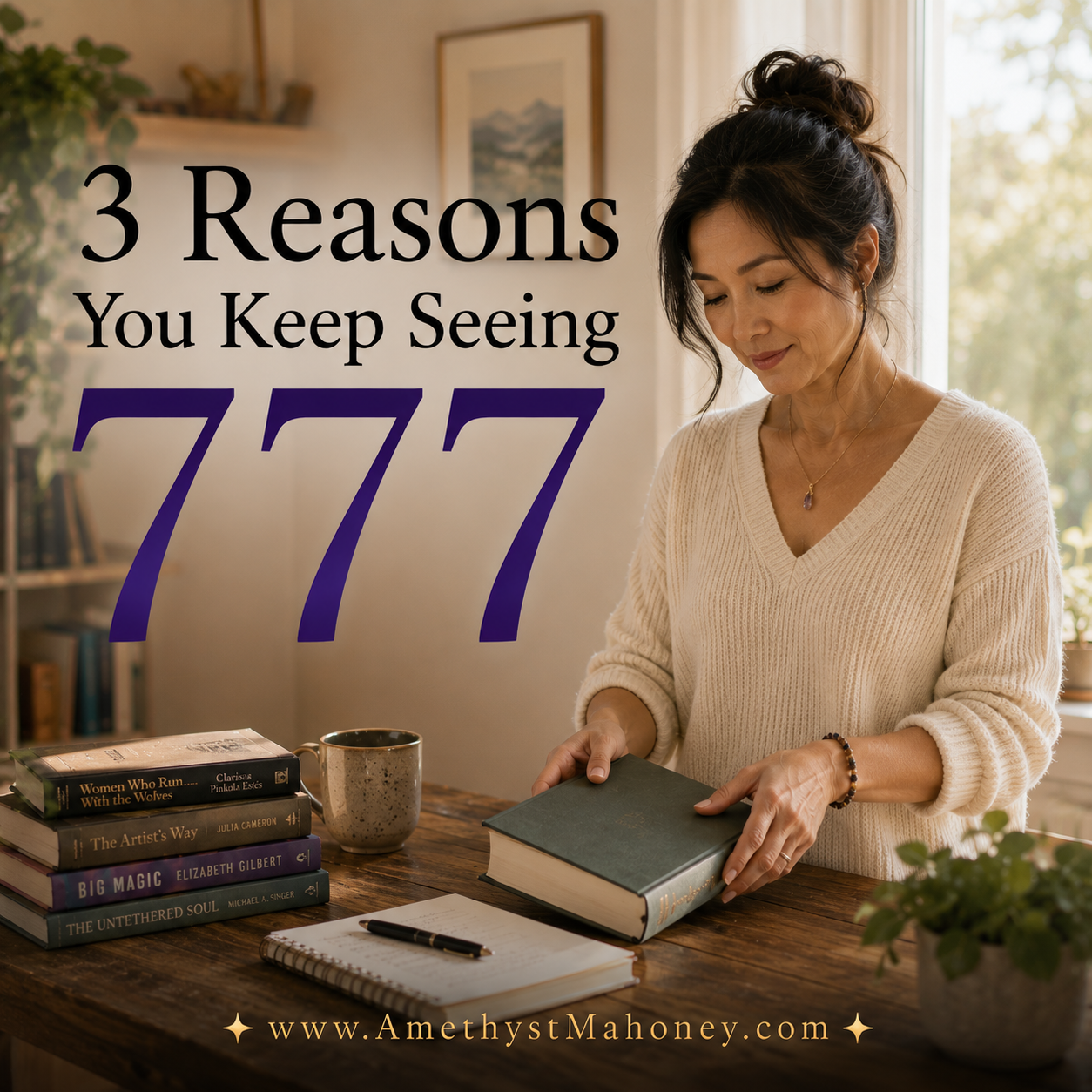 3 Reasons you keep seeing 777. A woman places a book on a table next to a notebook. A stack of Tarot books sits nearby. 