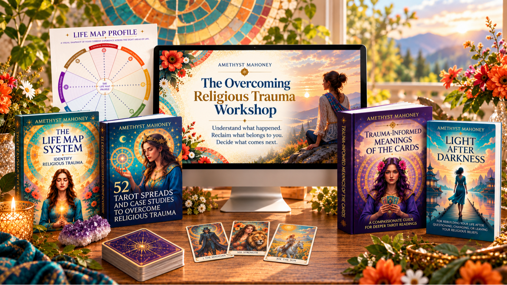 The Overcoming Religious Trauma workshop display - includes the workshop, Life Map Worksheet, Life Map System book, 52 Tarot Spreads and Case Studies book, Light After Darkness book, and Trauma-informed Meanings of the Cards book.