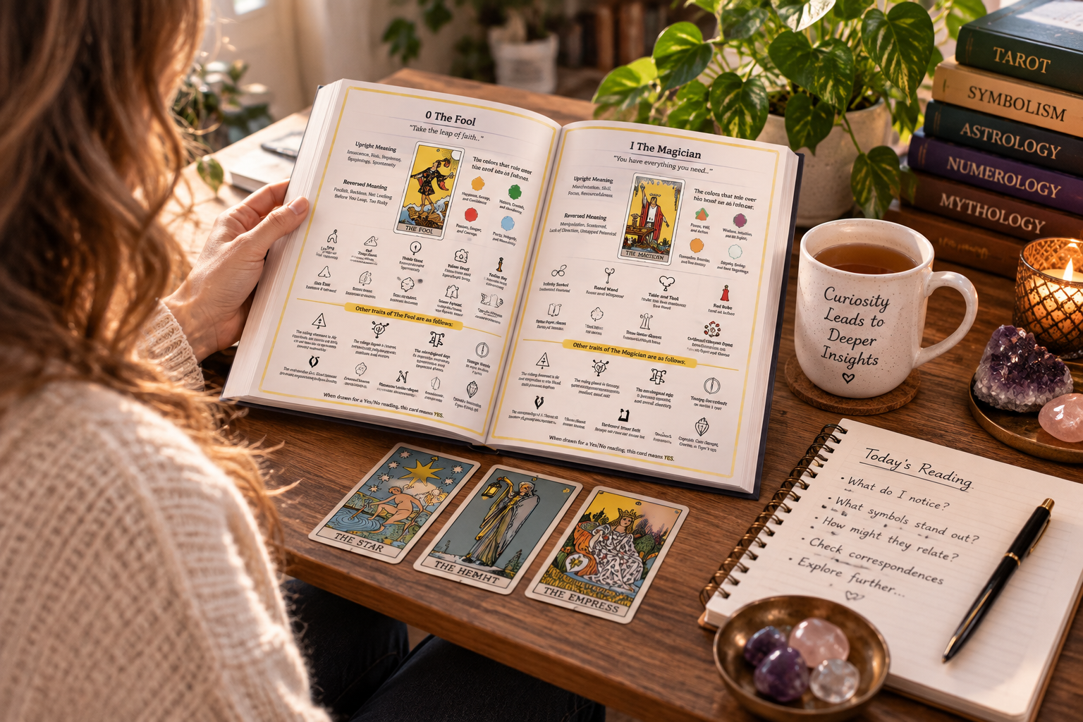 A woman sitting cross-legged on the floor looking at the 10 of Cups from the Tarot Symbols and Meanings book on her tablet.