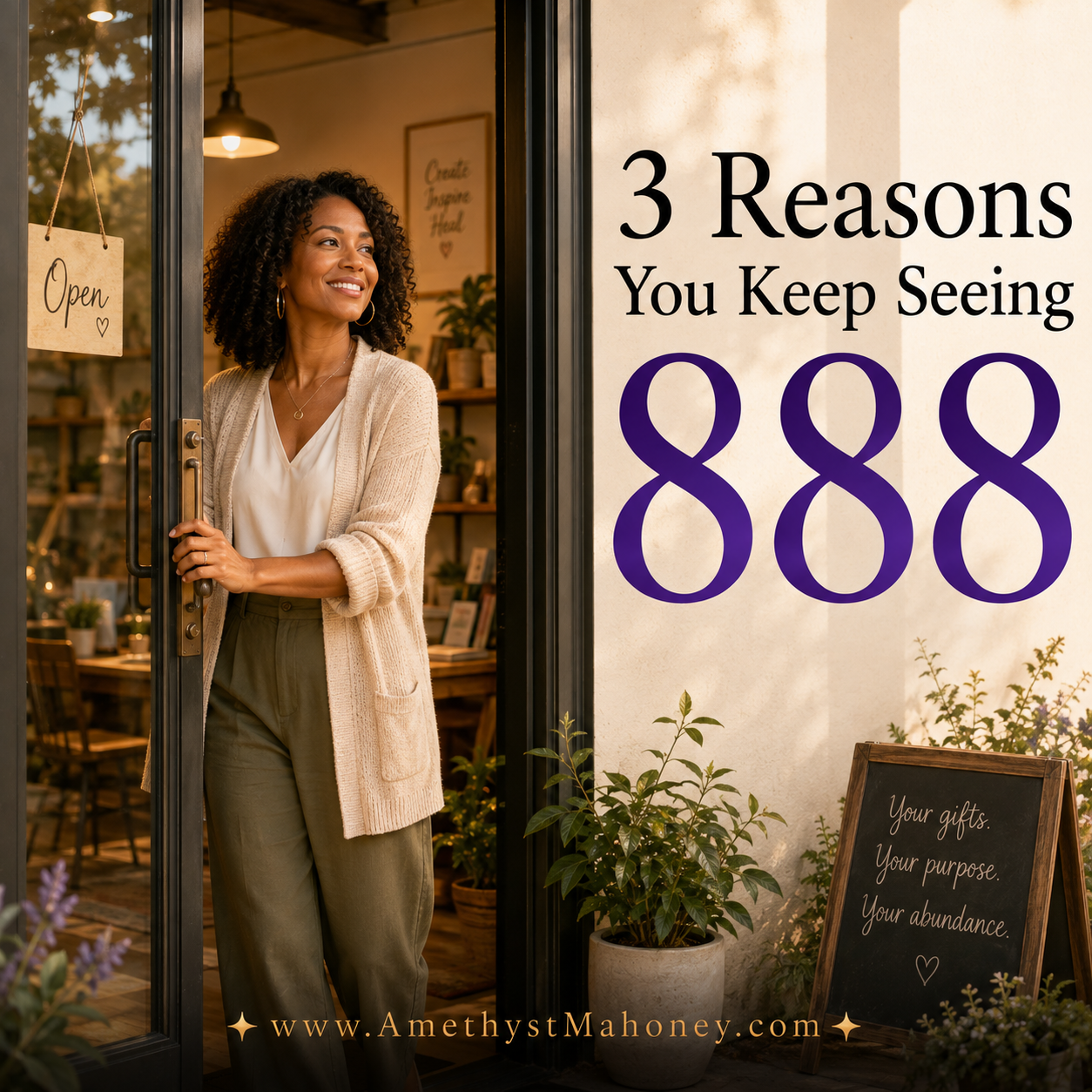 3 Reasons you keep seeing 888. A woman stands at an open shop door, smiling as she gets ready for business. 
