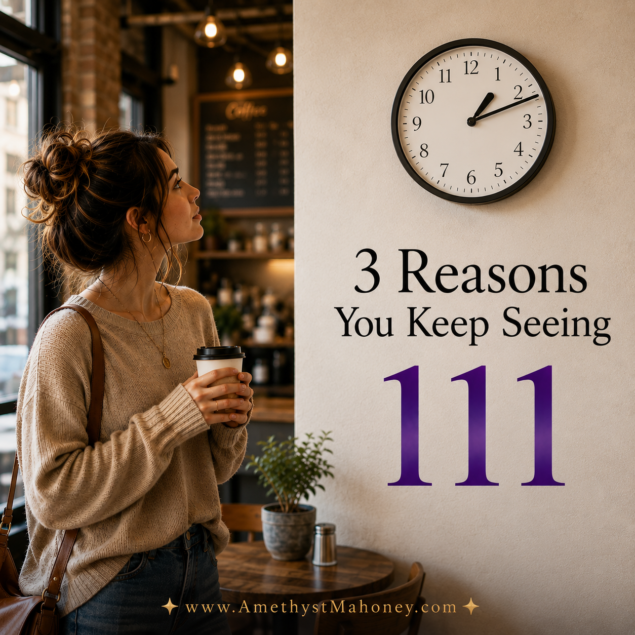 3 Reasons you keep seeing 111. A woman with dark hair holds a coffee cup in a cafe. She looks at a clock reading 1:11.