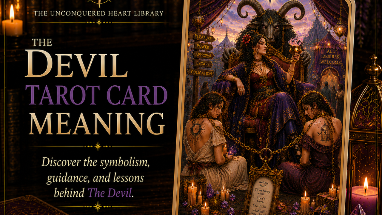 The Devil Tarot Card Meaning featuring the card from the Unconquered Heart Tarot. Card is fully described in the article.