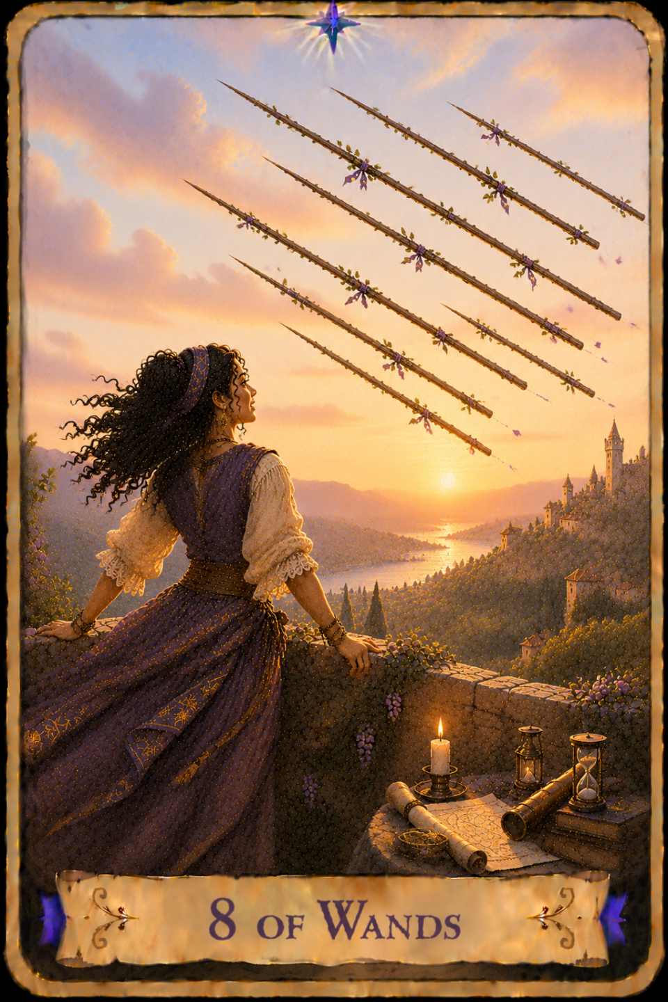 8 of Wands Tarot card showing a woman with long curly dark hair leaning against a stone terrace wall beneath a warm golden afternoon sky as she watches eight wooden wands streak diagonally across the air overhead. She wears a flowing purple gown with cream-colored sleeves and gazes toward the distant horizon where the sun hangs low above the sea. A coastal village climbs the hillside to the right, overlooking the sparkling water and surrounding valleys. On a stone table beside her rest a lit candle, an hourglass, a telescope, rolled maps, scattered papers, and a small bowl, while flowering vines climb along the terrace wall. The woman's windswept hair and attentive posture emphasize the movement of the wands racing across the sky.