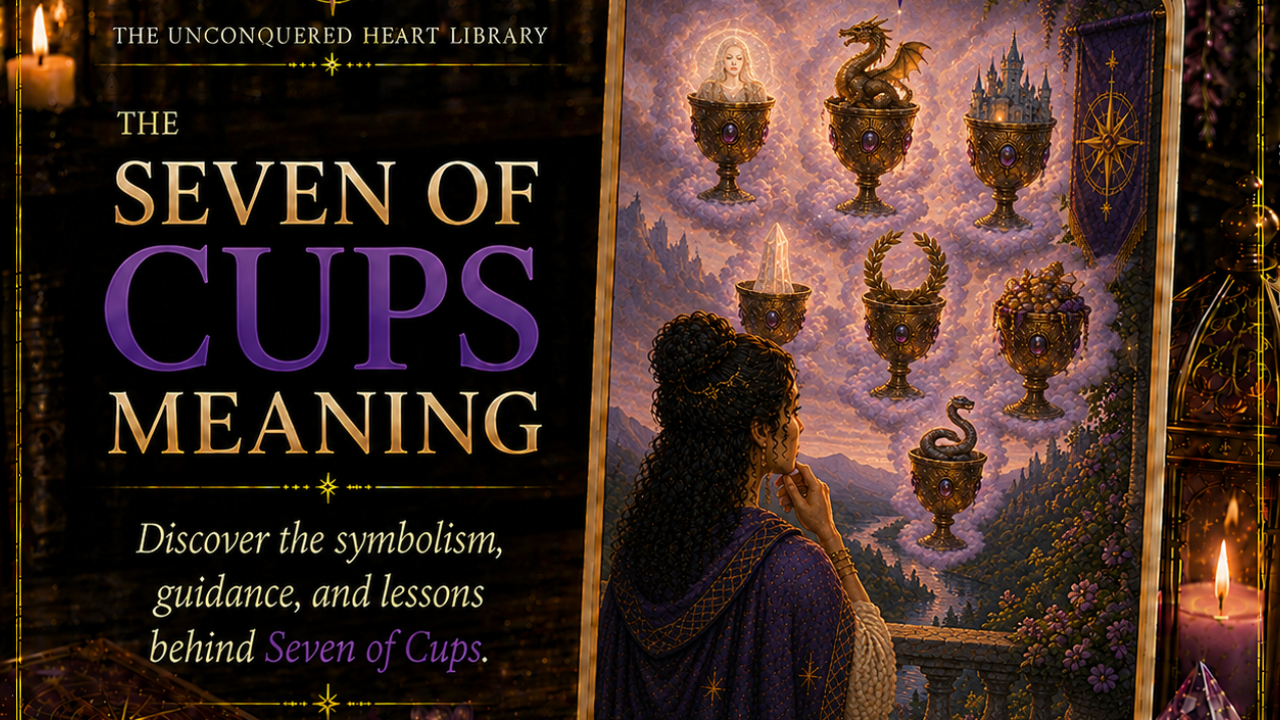 Seven of Cups Tarot Card Meaning featuring the card from the Unconquered Heart Tarot. Card is fully described in the article.