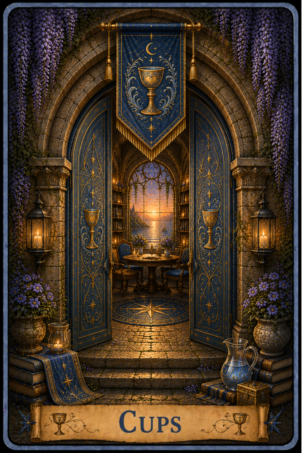 Cups Tarot cards. A stone arched doorway beneath a Cups banner leads into a candlelit library. Follow this image to explore the Cups gallery and choose a Cups card to read its Tarot card meaning article.