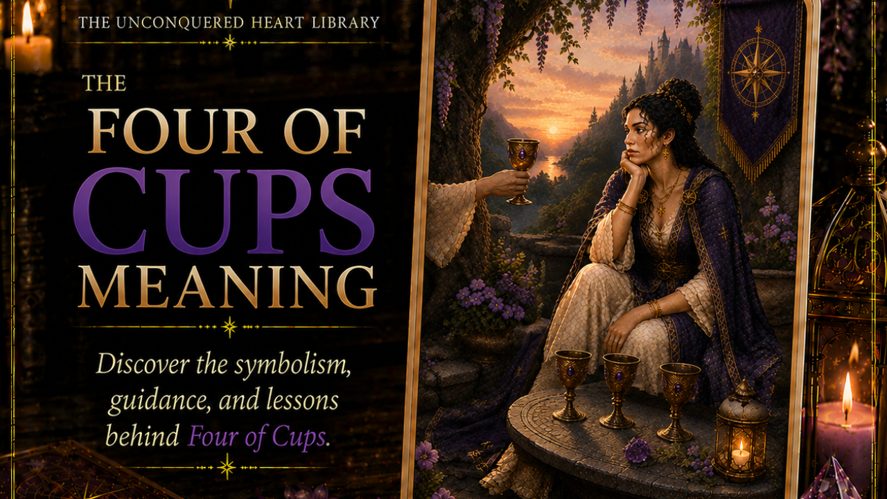 Four of Cups Tarot Card Meaning featuring the card from the Unconquered Heart Tarot. Card is fully described in the article.