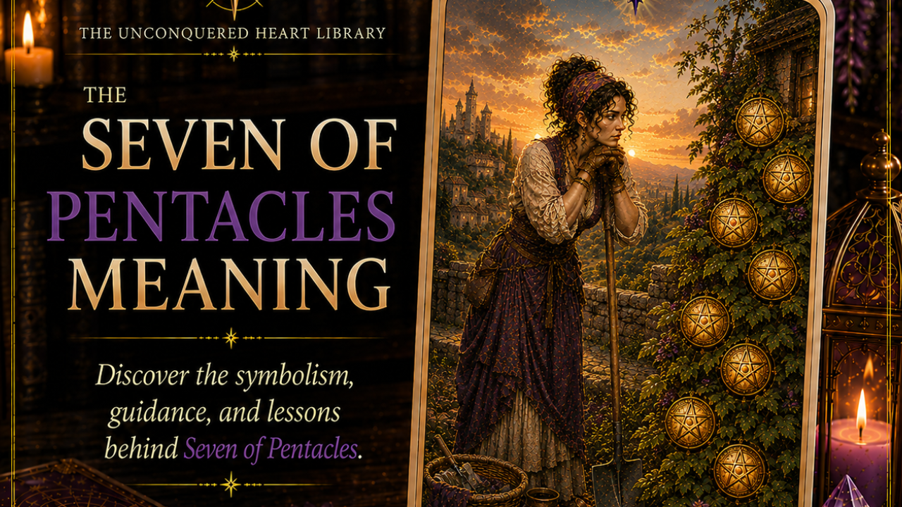 Seven of Pentacles Tarot Card Meaning featuring the card from the Unconquered Heart Tarot. Card is fully described in the article.