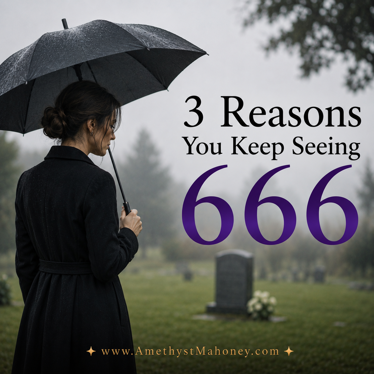 3 Reasons you keep seeing 666. A woman holds an umbrella at a graveside under a gentle downpour.