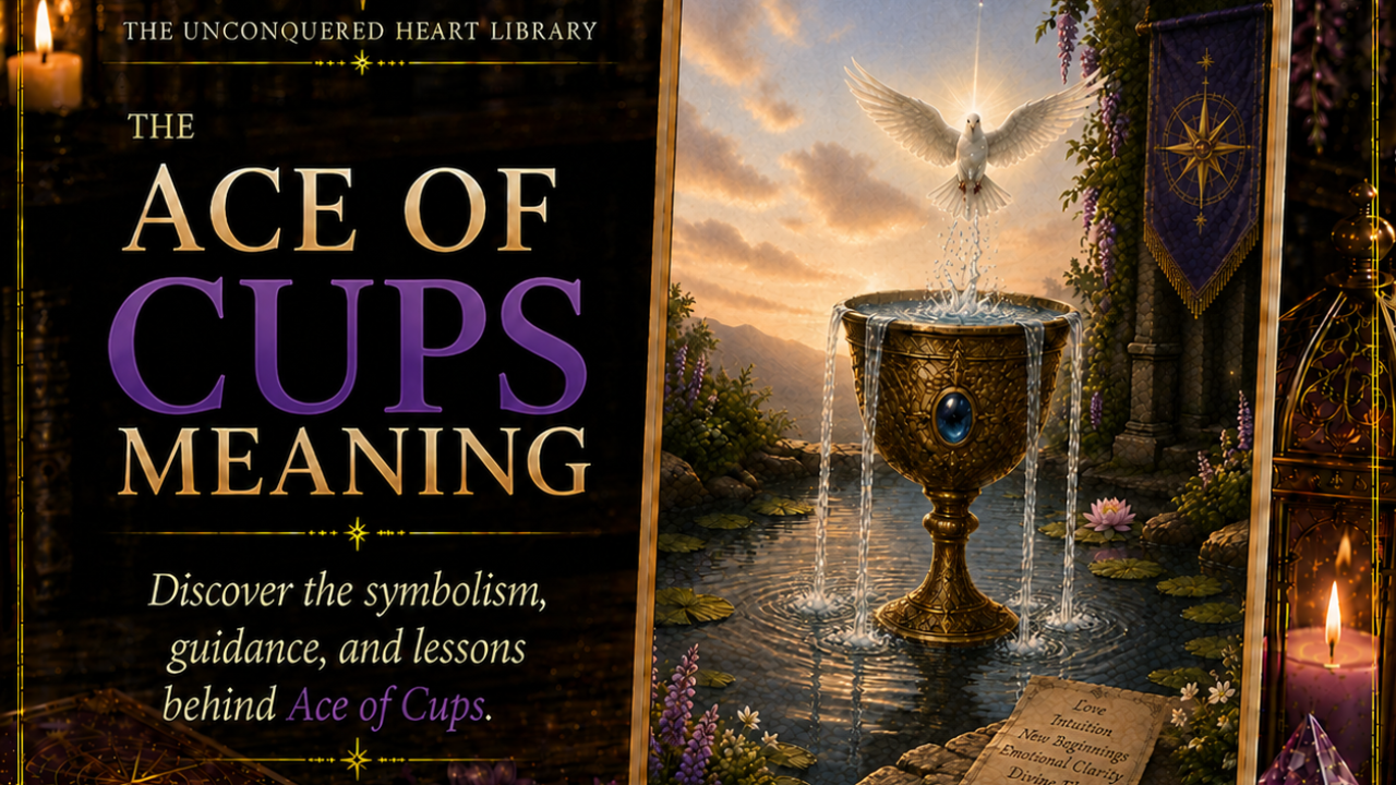 Ace of Cups Tarot Card Meaning featuring the card from the Unconquered Heart Tarot. Card is fully described in the article.