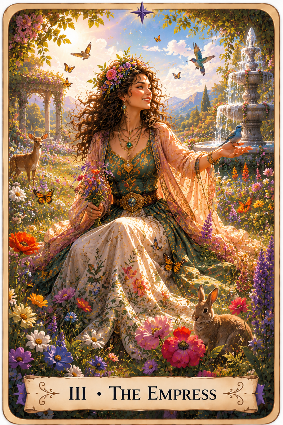 The Empress from The Unconquered Heart Tarot depicts a woman seated in a colorful garden filled with wildflowers. She wears flowing green, pink, and white clothing and a crown of flowers, and holds a small bouquet in one hand. A blue bird rests on her outstretched hand. A rabbit sits among the flowers beside her, while a deer stands in the garden behind her. Butterflies and birds fly overhead, and a large tiered fountain, distant mountains, and a bright blue sky appear in the background.