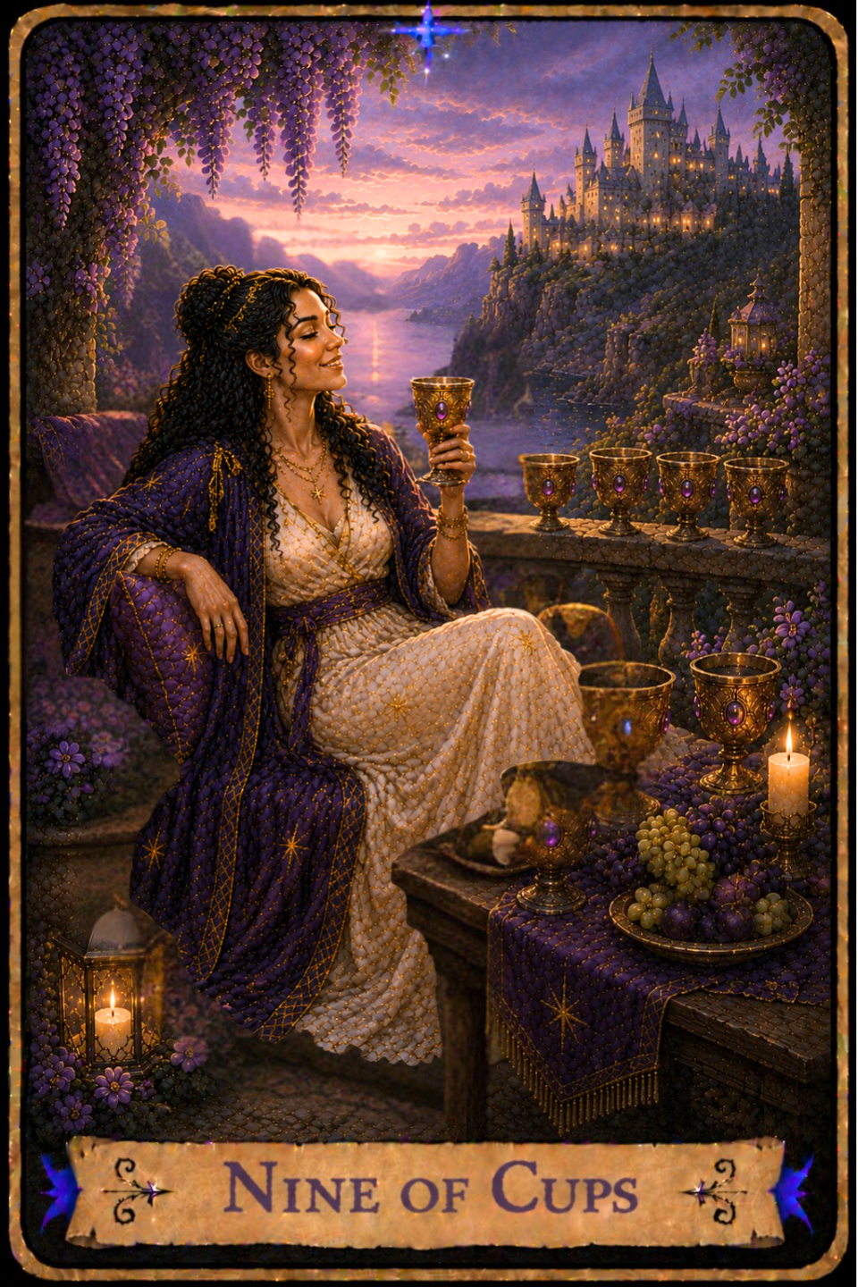 Nine of Cups Tarot Card featuring the card from the Unconquered Heart Tarot. Follow this link for the full card description and meaning.