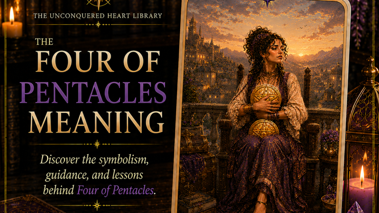 Four of Pentacles Tarot Card Meaning featuring the card from the Unconquered Heart Tarot. Card is fully described in the article.