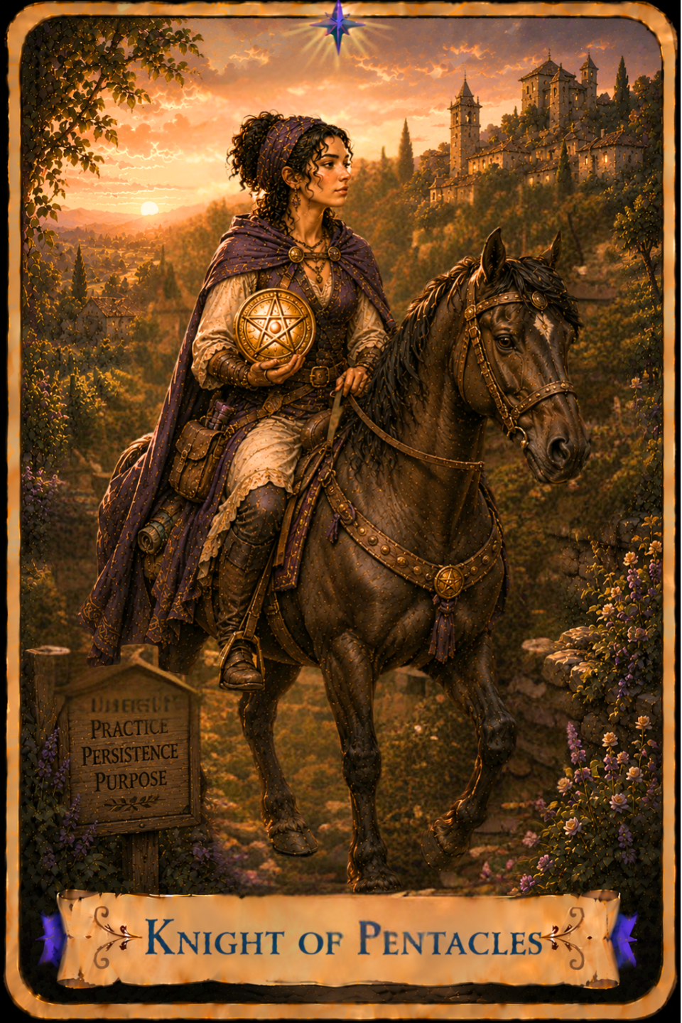 Knight of Pentacles Tarot card showing a young woman with curly dark hair gathered beneath a purple headscarf, wearing a cream-colored dress, leather riding boots, and a flowing purple cloak as she rides a dark horse along a country path. She holds a large golden pentacle in one hand while the other rests on the horse's reins. The horse walks forward with one front leg raised, wearing a decorated bridle and harness with a small golden pentacle at its center. A wooden sign beside the path reads "Practice," "Persistence," and "Purpose." Flowering shrubs frame the path, while rolling hills, village rooftops, stone towers, and a hilltop castle stretch into the distance beneath a warm golden sunset sky.