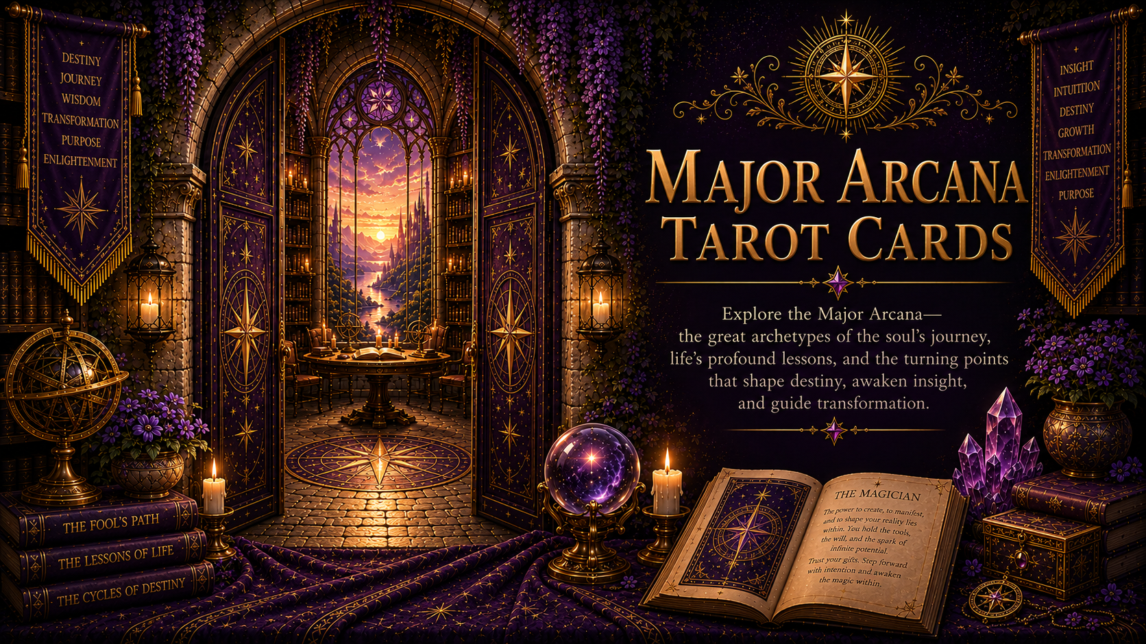 An ivy-covered stone doorway opens into a warm library filled with books, lanterns, Tarot cards, and a sunlit view beyond. Text reads Major Arcana Tarot Cards. Explore the Major Arcana - the great archetypes of the soul's journey, life's profound lessons, and the turning points that shape destiny, awaken insight, and guide transformation.