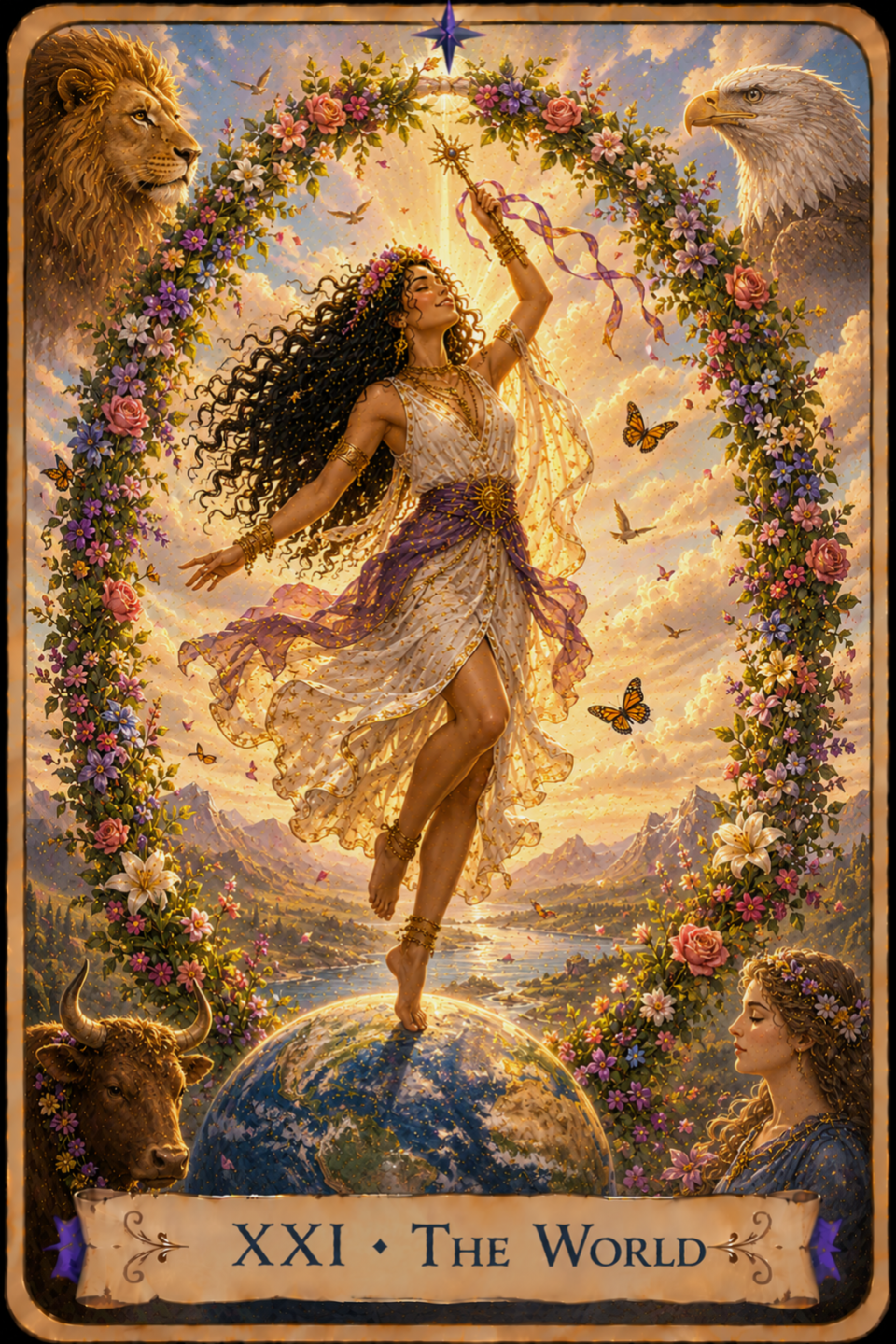 The World Tarot card showing a joyful woman with long flowing dark curly hair dancing barefoot atop the Earth beneath a radiant golden sky. She wears a flowing white dress with a purple sash and raises a star-topped wand as ribbons stream through the air. A flowering wreath surrounds her, while a lion, eagle, bull, and serene human figure appear at the four corners of the card. Butterflies flutter among the blossoms as mountains and a winding river stretch into the distance beneath warm sunlight.