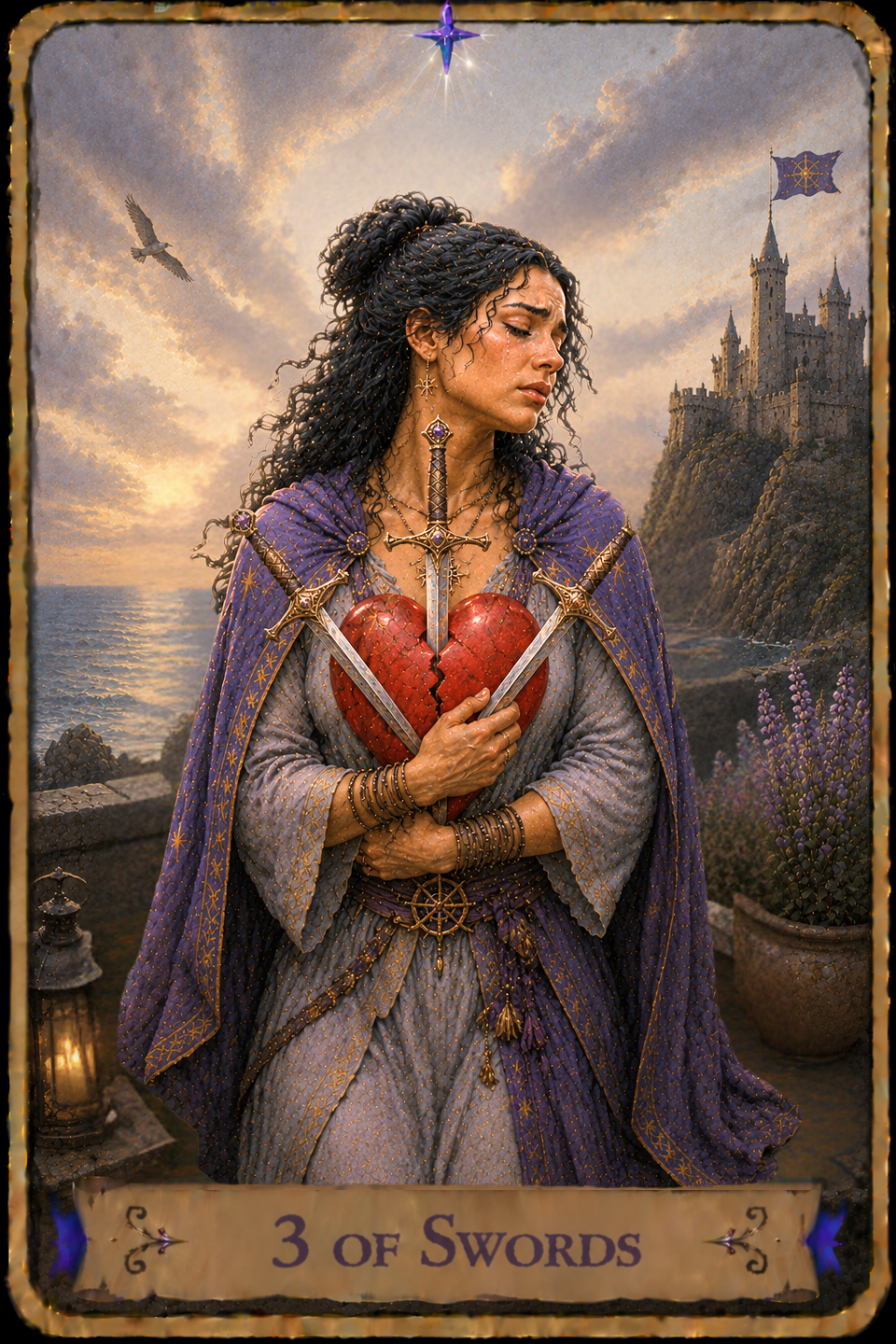 Three of Swords Tarot card showing a woman with long curly dark hair wearing a gray dress and a flowing purple cloak as she stands overlooking the sea. She cradles a large red heart against her chest with both arms while three silver swords pierce the heart from different directions. Tears stream down her face as she turns her head to one side. A lantern glows on a stone ledge nearby, while purple flowers bloom in a large clay pot beside her. Behind her, waves roll across the sea toward rocky cliffs where a castle rises above the shoreline, with a flag bearing an eight-pointed compass flying from one of its towers. A bird soars through a sky filled with layered clouds and shafts of sunlight.