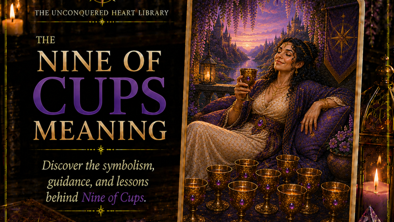 Nine of Cups Tarot Card Meaning featuring the card from the Unconquered Heart Tarot. Card is fully described in the article.