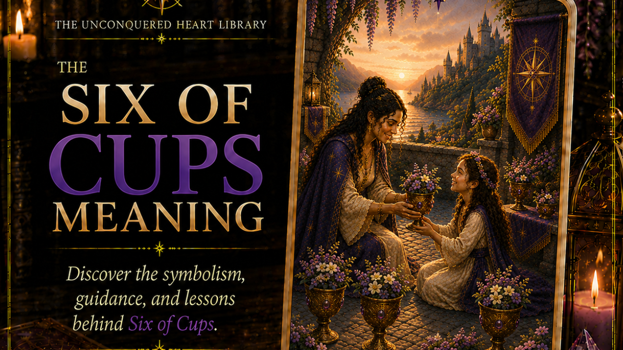 Six of Cups Tarot Card Meaning featuring the card from the Unconquered Heart Tarot. Card is fully described in the article.