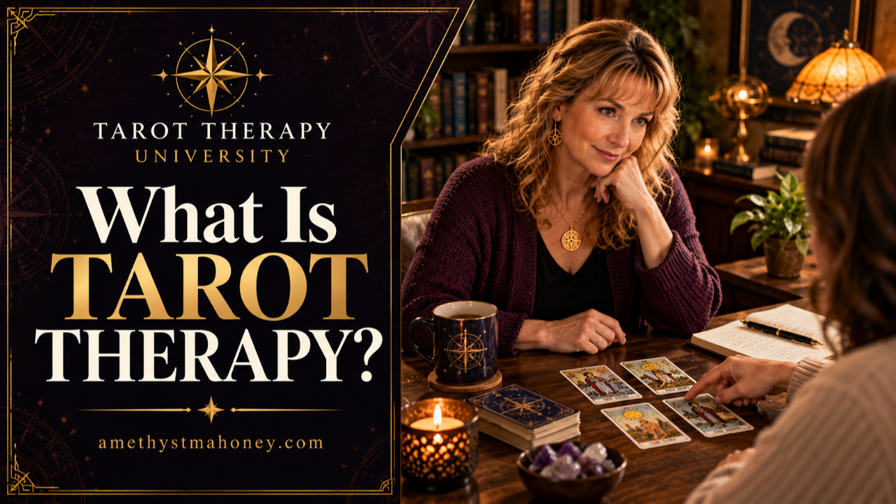What is Tarot Therapy - a female practitioner sits across from a client who is pointing at a Tarot card on the desk.