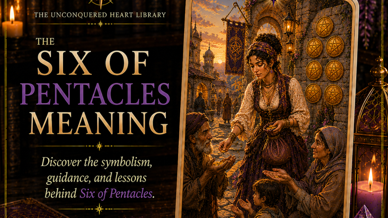The Six of Pentacles Tarot Card meaning featuring the Unconquered Heart card.