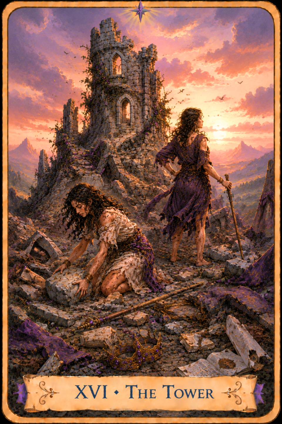 The Tower from The Unconquered Heart Tarot depicts two women among the rubble of a partially collapsed stone tower. One woman kneels on the ground examining a broken stone, while the other stands farther ahead holding a staff and looking toward the horizon. Both wear torn purple and white clothing. Broken stones, books, fabric, a fallen staff, and a jeweled crown are scattered across the ground. The ruined tower rises behind them, with mountains, birds, and a glowing sunset in the distance.