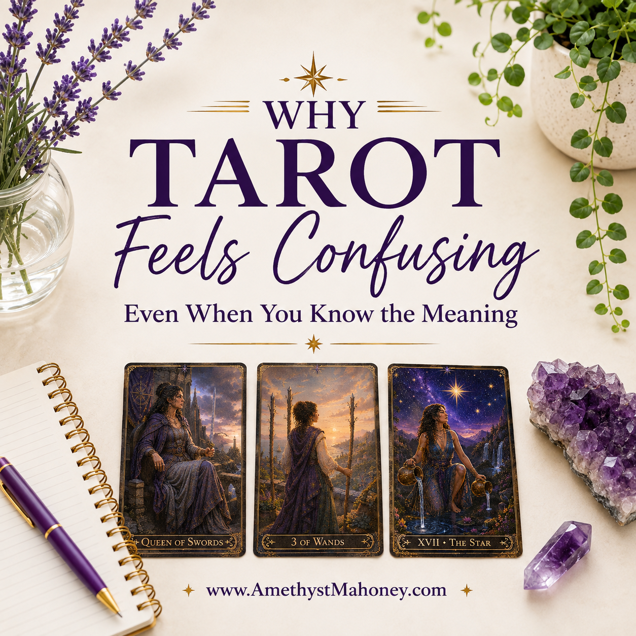 Why Tarot Cards Feel Confusing even when you know the meaning featuring cards from the Unconquered Heart Tarot. Follow this image to read the blog post.