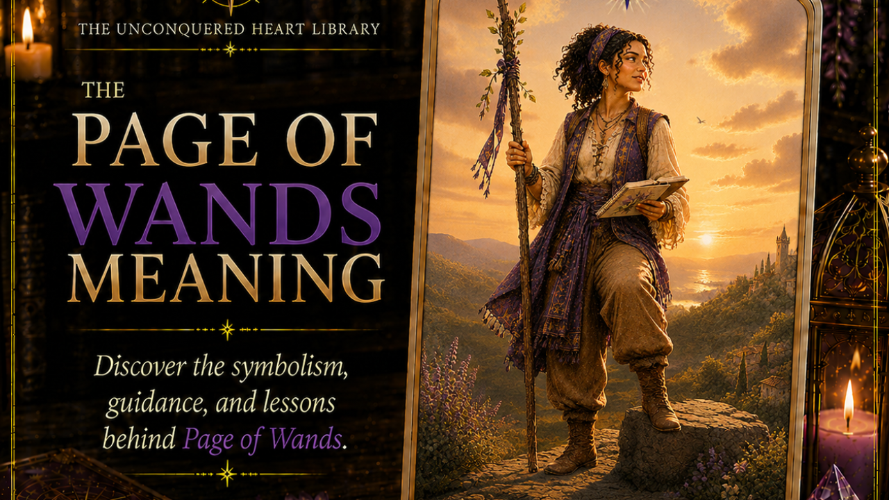 Page of Wands Tarot Card Meaning featuring the card from the Unconquered Heart Tarot. Card is fully described in the article.