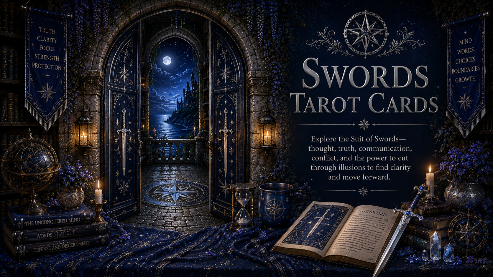 An ivy-covered stone doorway opens onto a moonlit blue landscape, surrounded by books, lanterns, sword and star symbols, crystals, and an open book with a sword resting beside it. Text reads Swords Tarot Cards. Explore the Suit of Swords - thought, truth, communication, conflict, and the power to cut through illusions to find clarity and move forward.