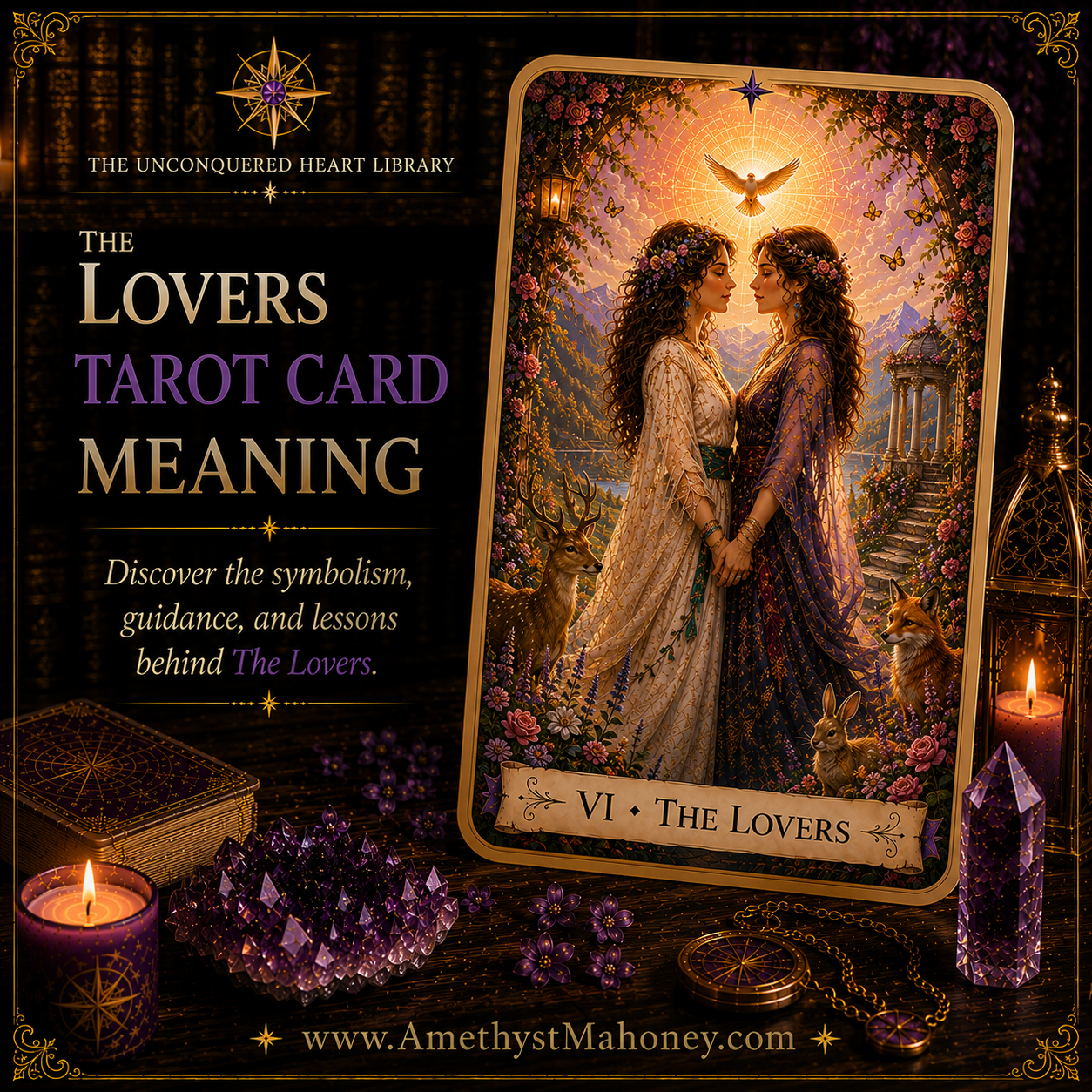 The Lovers Tarot Card Meaning, featuring The Lovers from The Unconquered Heart Tarot. Follow this image to read the article, including a full description of the card.