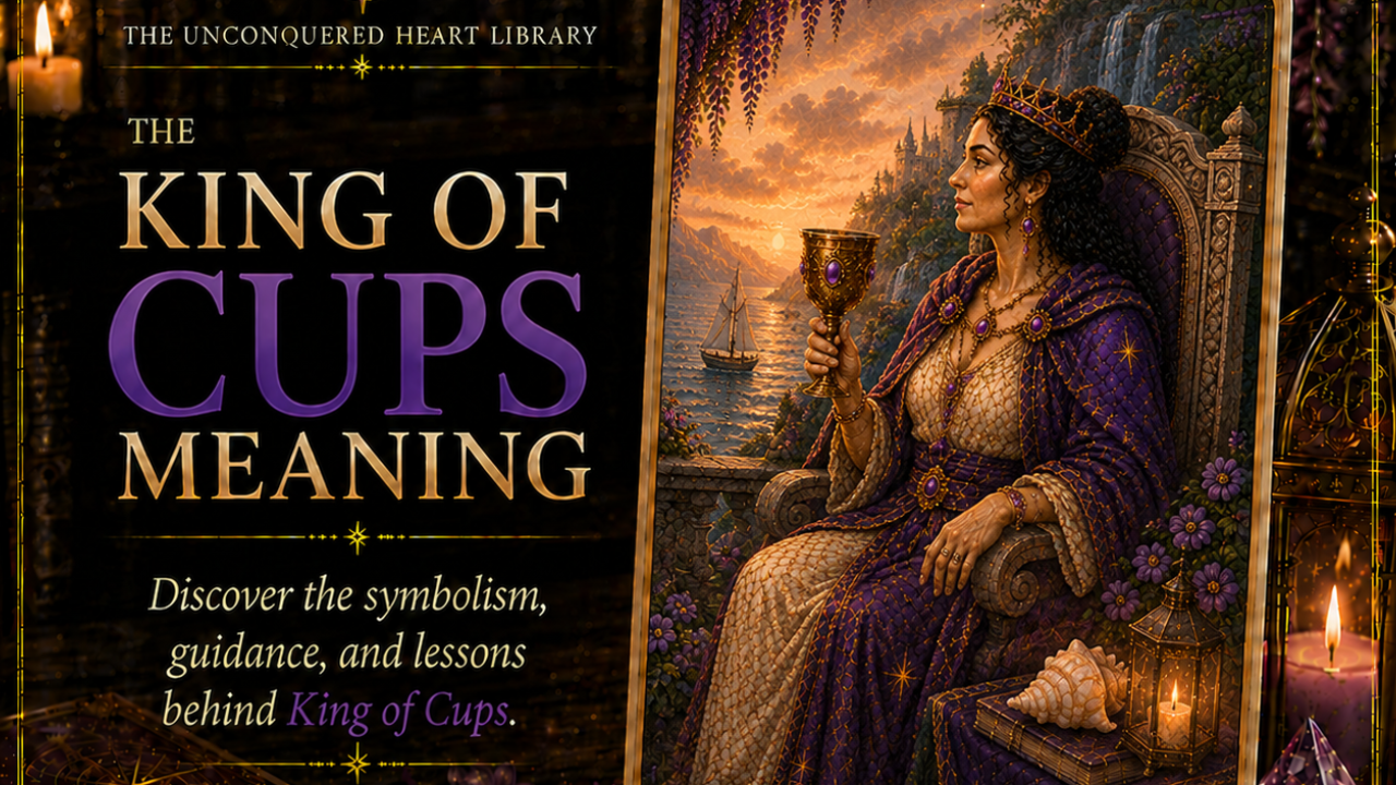 King of Cups Tarot Card Meaning featuring the card from the Unconquered Heart Tarot. Card is fully described in the article.