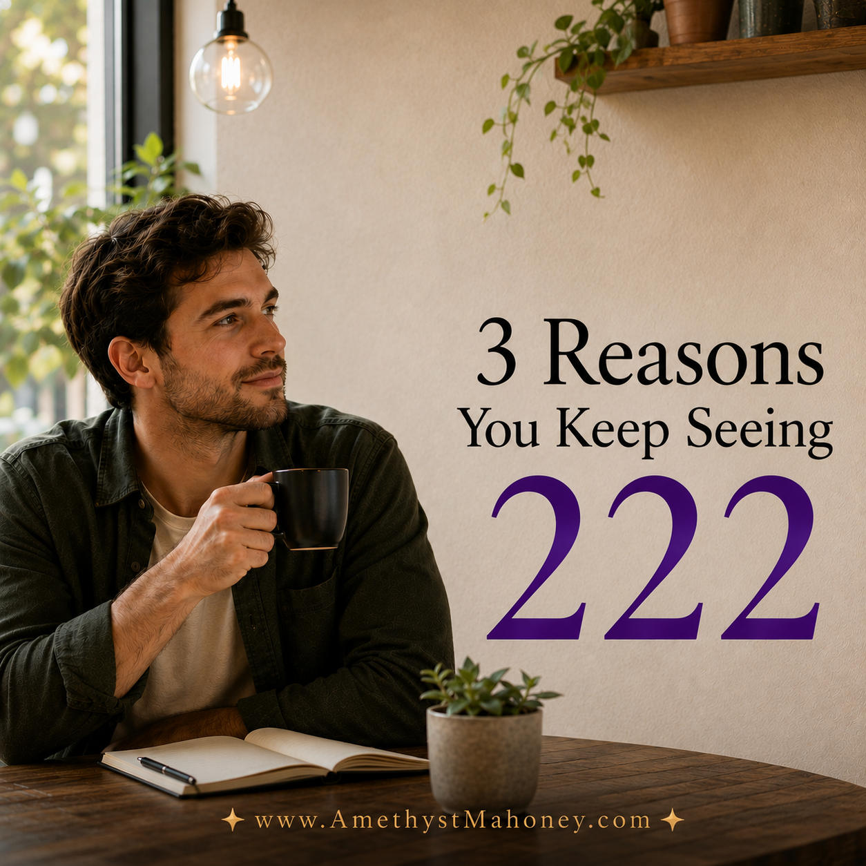 3 Reasons you keep seeing 222. A man sits at a table holding a coffee cup, an open journal in front of him. 