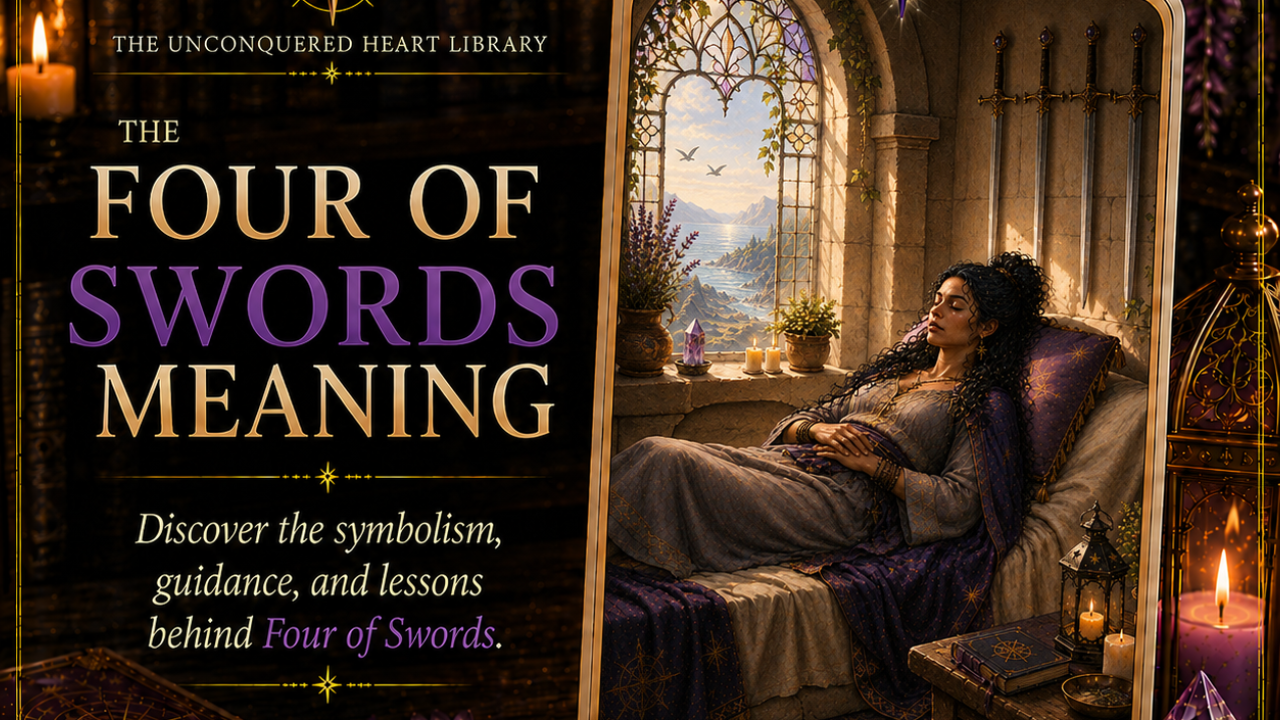 Four of Swords Tarot Card Meaning featuring the card from the Unconquered Heart Tarot. Card is fully described in the article.