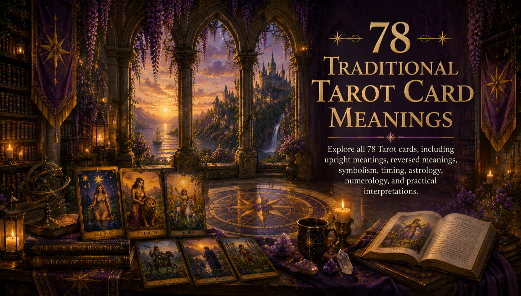 Banner for 78 Traditional Tarot Card Meanings showing a grand fantasy library with vaulted ceilings, bookshelves, glowing stained-glass windows, and a compass mosaic floor inviting visitors to explore the Tarot.