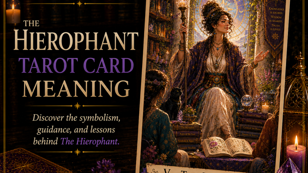The Hierophant Tarot Card Meaning featuring the card from the Unconquered Heart Tarot. Card is fully described in the article.