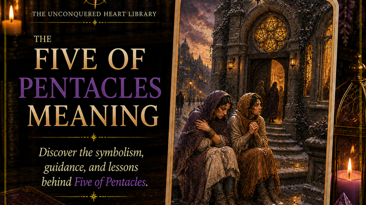Five of Pentacles Tarot Card Meaning featuring the card from the Unconquered Heart Tarot. Card is fully described in the article.