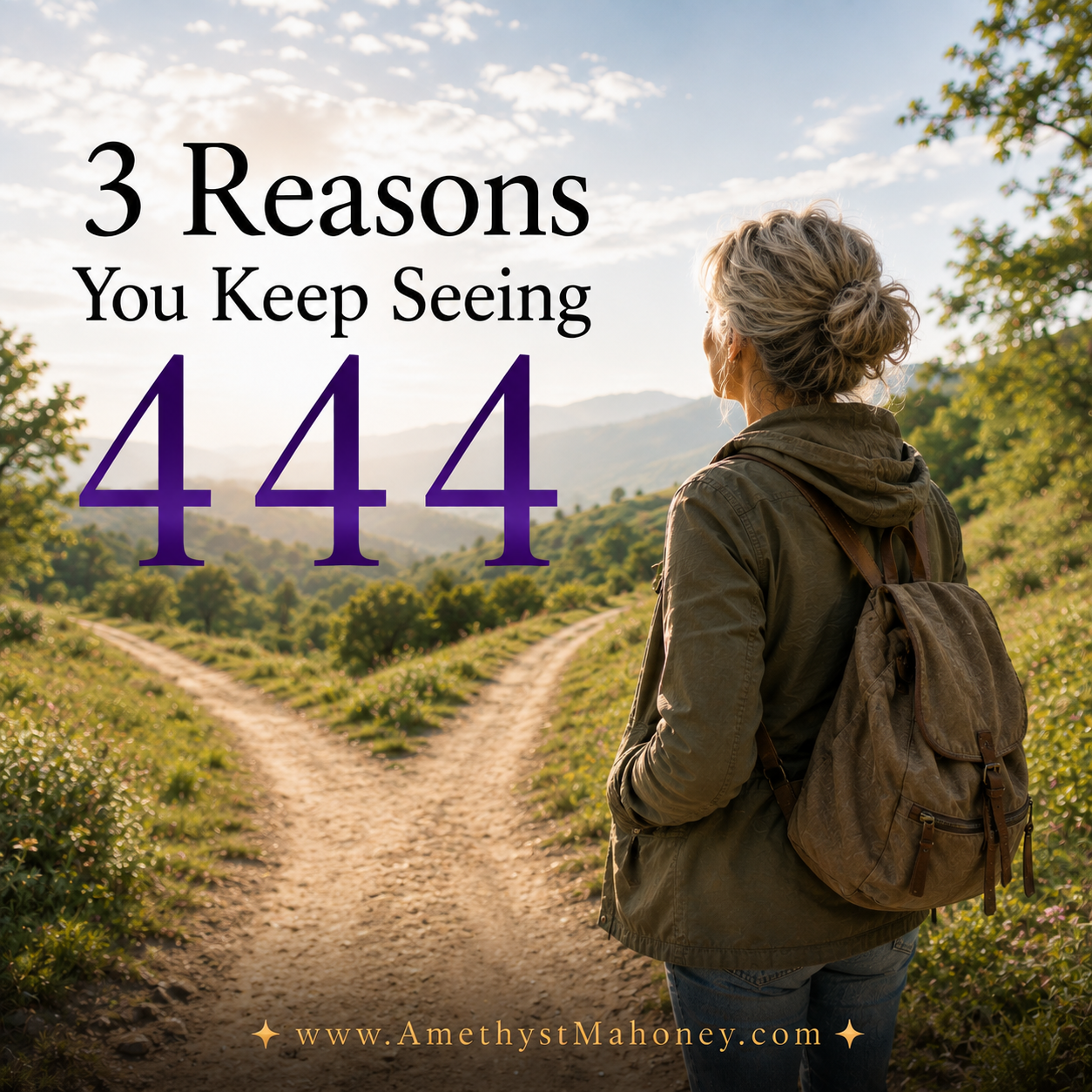 3 Reasons you keep seeing 444. A woman with gray hair stands at a divided trail with mountains in the distance. 