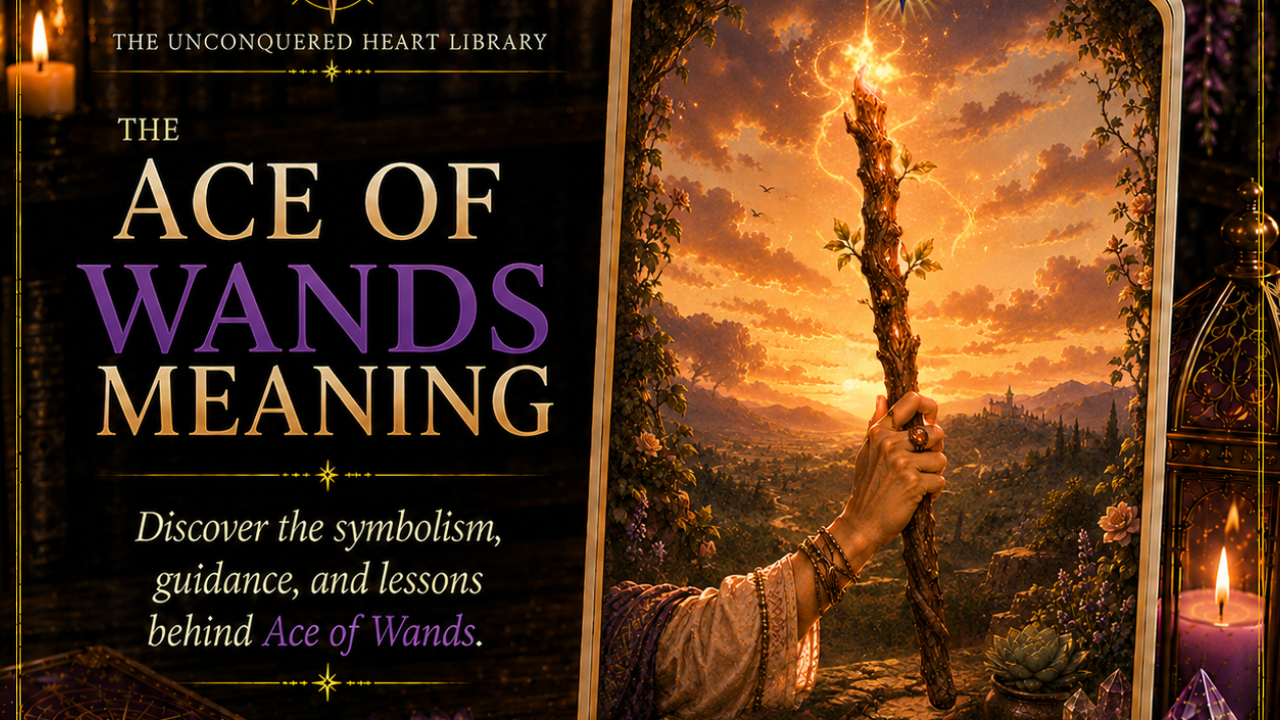 Ace of Wands Tarot Card Meaning featuring the card from the Unconquered Heart Tarot. Card is fully described in the article.