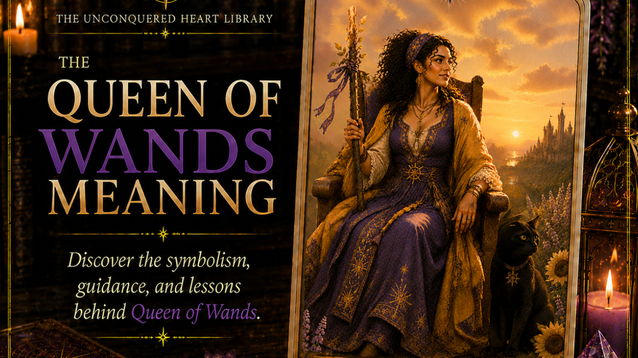 Queen of Wands Tarot Card Meaning featuring the card from the Unconquered Heart Tarot. Card is fully described in the article.