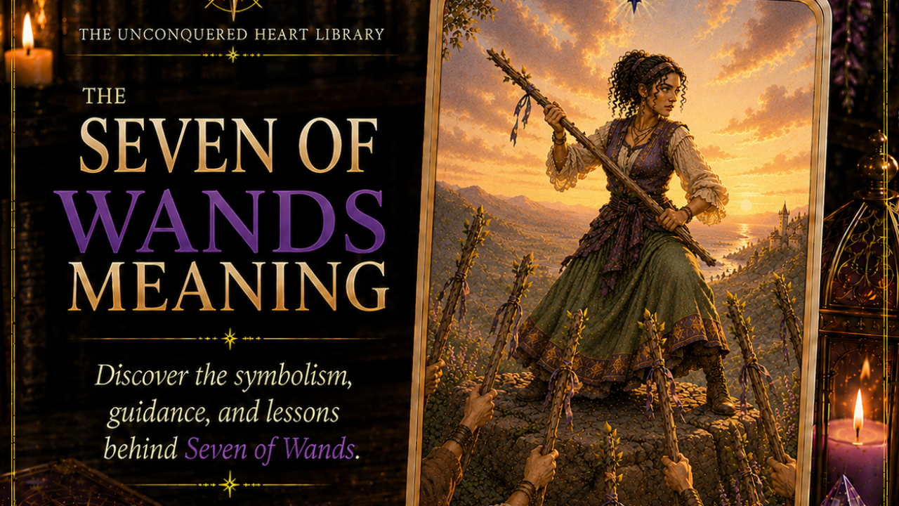 Seven of Wands Tarot Card Meaning featuring the card from the Unconquered Heart Tarot. Card is fully described in the article.