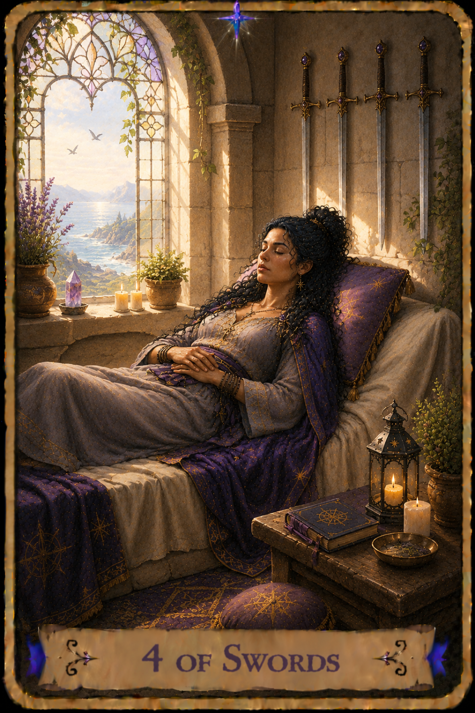 Four of Swords Tarot card showing a woman with long curly dark hair wearing a gray dress and a flowing purple cloak as she rests on a bed with her hands folded across her waist. Her eyes are closed as her head rests on a purple pillow beneath four silver swords mounted on the stone wall above her. Sunlight streams through a tall arched stained-glass window overlooking the sea, rocky cliffs, and distant mountains, while two birds fly across the sky outside. Purple flowers, potted plants, glowing candles, and a purple crystal decorate the windowsill. A lantern, lit candle, closed book with an eight-pointed symbol on its cover, and a shallow bowl rest on a wooden table beside the bed. Purple blankets embroidered with golden compass designs drape across the bed, while a matching cushion rests on the floor below.