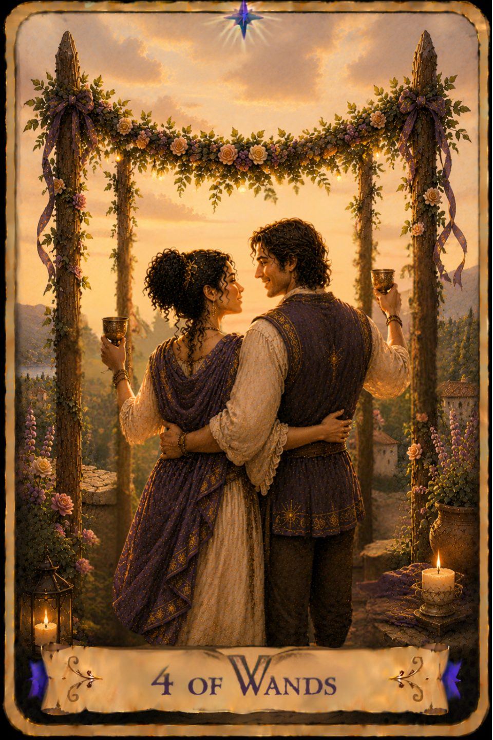 4 of Wands Tarot card showing a woman with long curly dark hair and a man with wavy dark hair standing together beneath a flower-covered wooden arbor decorated with purple ribbons. Viewed from behind, they wrap one arm around each other while raising golden goblets in a toast and smiling towards each other. The woman wears a cream-colored gown beneath a flowing purple embroidered cloak, while the man wears a cream-colored shirt beneath a purple embroidered vest. A lantern and a lit candle rest on the stone terrace beside flowering plants and climbing vines. Beyond the arbor, village rooftops, rolling hills, and distant mountains stretch beneath a warm golden sunlit sky.