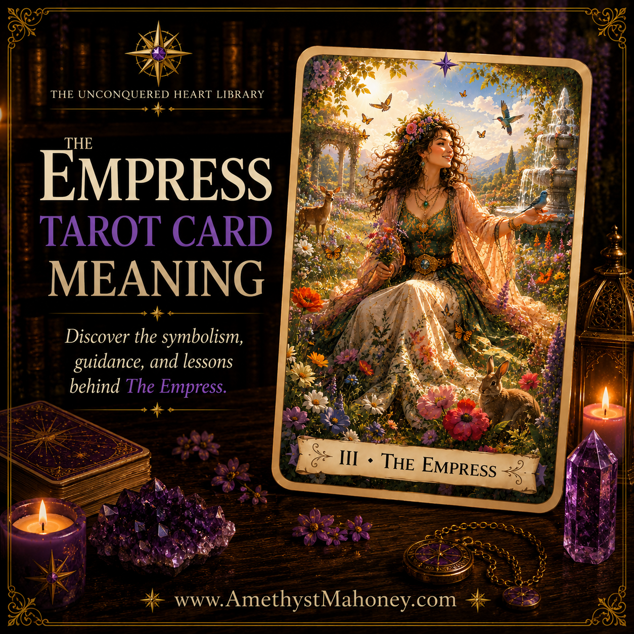 Ace of Pentacles Tarot card showing a hand emerging from the left side of the image, offering a large golden pentacle that glows in the morning sunlight. Beyond the outstretched hand, an open flower-covered stone gateway leads onto a winding path through a peaceful valley with rolling hills, distant mountains, and a sparkling river beneath a bright sunrise sky. Purple flowers, blooming white roses, climbing vines, lavender, a lantern, and a small bird frame the garden scene, suggesting new beginnings, opportunity, and a path waiting to be explored.