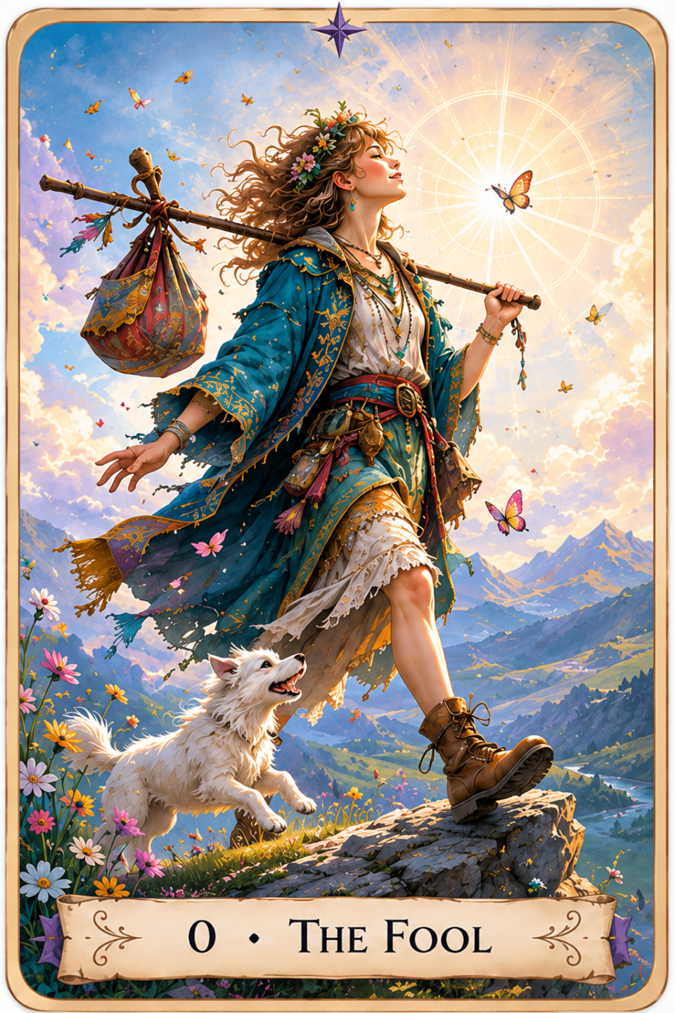 The Fool Tarot card showing a young woman with long dark brown hair walking along the edge of a rocky cliff. She wears a flowing white dress beneath a light blue cloak and carries a small satchel over one shoulder while holding a white flower in one hand. A small white dog walks beside her as mountains rise in the distance beneath a bright blue sky with soft clouds.