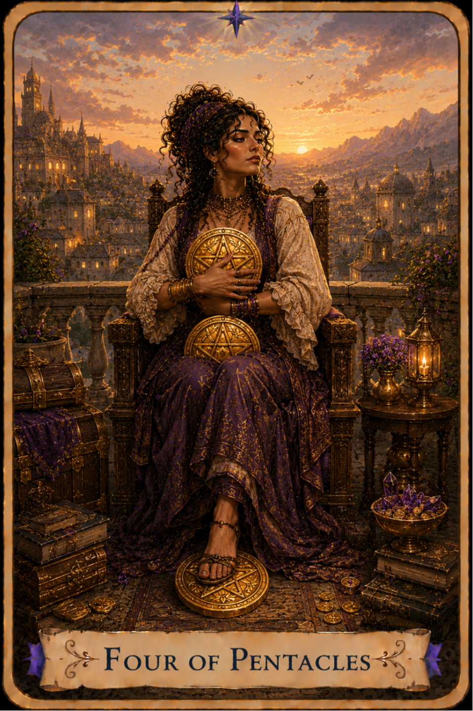 Four of Pentacles from the Unconquered Heart Tarot. A woman with long, dark curly hair sits in an ornate chair overlooking a sprawling city at sunset. She holds one large golden pentacle tightly against her chest, with another resting across her lap and a third beneath her foot. Chests, books, coins, crystals, flowers, and a glowing lantern surround her on the terrace.