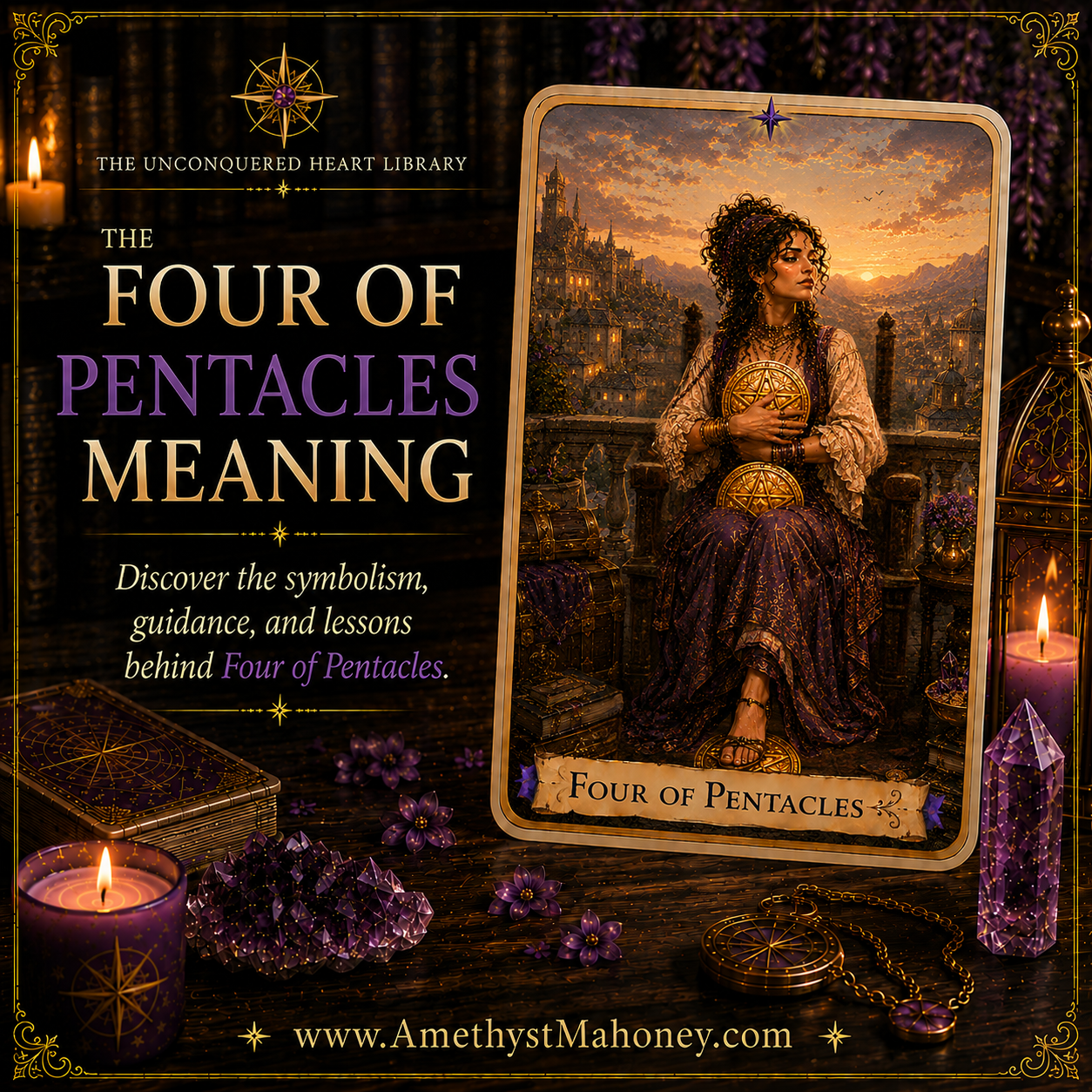 The Four of Pentacles Tarot Card Meaning, featuring The Four of Pentacles from The Unconquered Heart Tarot. Follow this image to read the article, including a full description of the card.