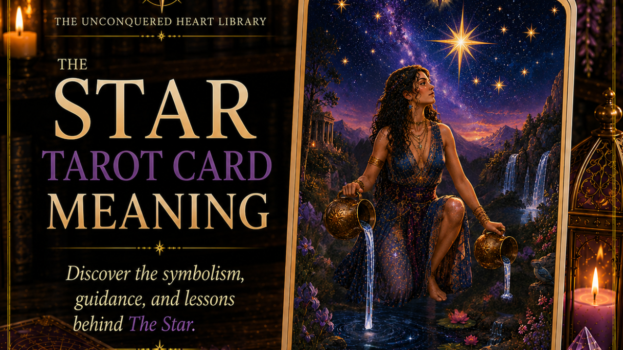 The Star Tarot Card Meaning featuring the card from the Unconquered Heart Tarot. Card is fully described in the article.