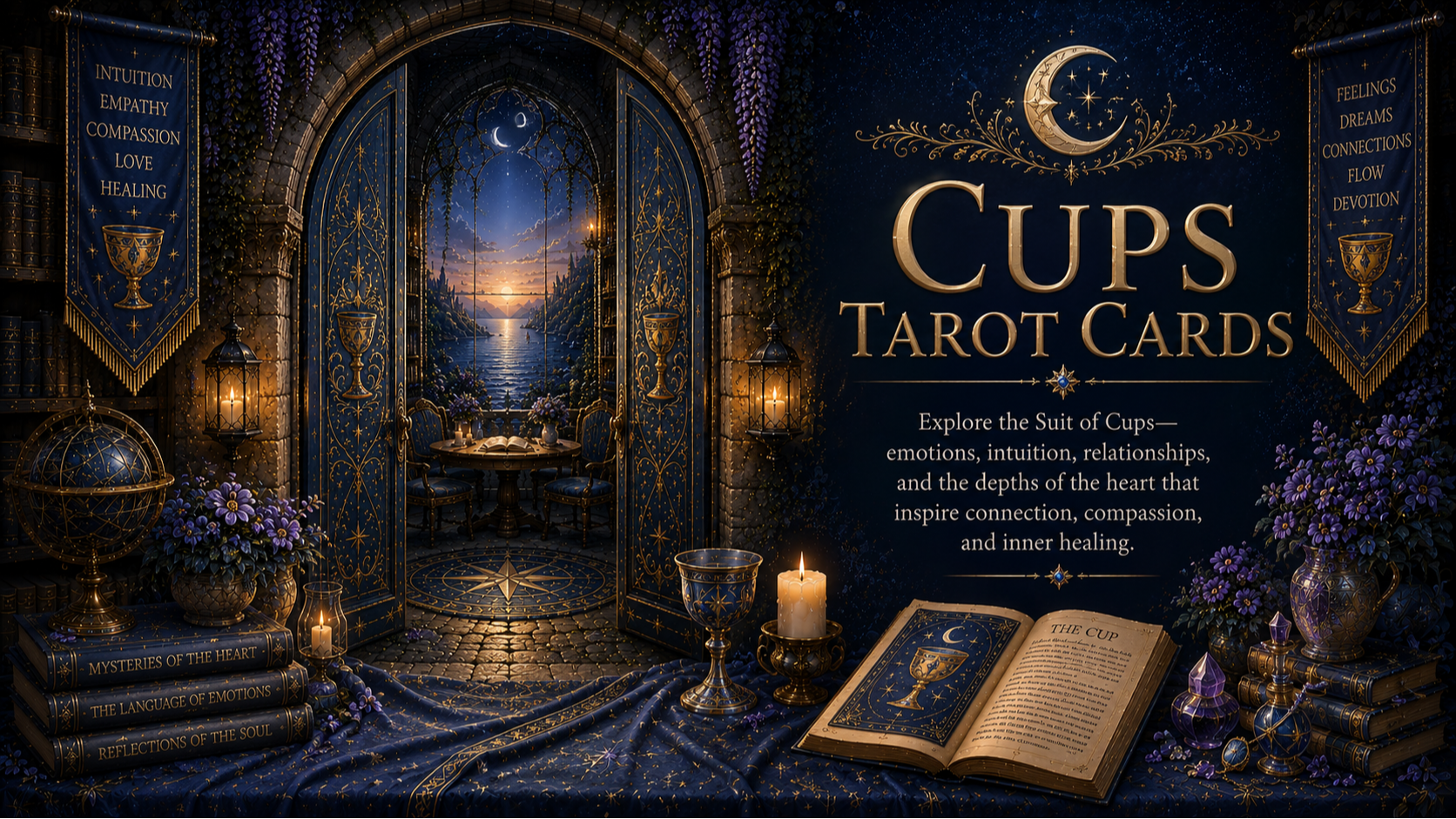An ivy-covered stone doorway opens onto a peaceful moonlit waterscape, surrounded by books, lanterns, flowers, chalices, and an open book featuring a cup. Text reads Cups Tarot Cards. Explore the suit of cups - emotions, intuition, relationships, and the depths of the heart that inspire connection, compassion, and inner healing