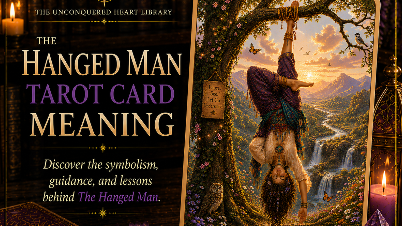The Hanged Man Tarot Card Meaning featuring the card from the Unconquered Heart Tarot. Card is fully described in the article.