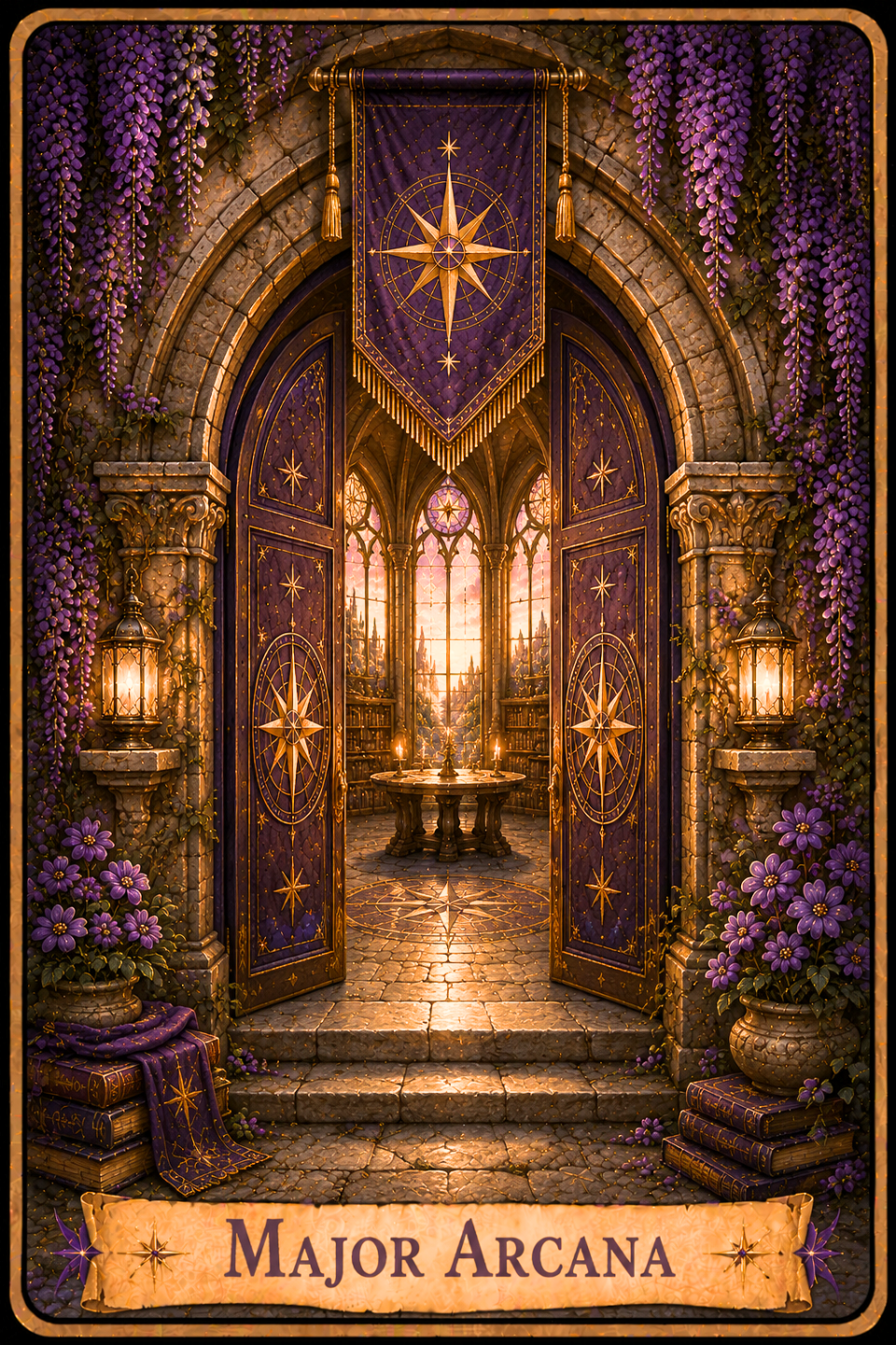 Major Arcana Tarot cards. A stone arched doorway beneath a banner with an eight-pointed star leads into a candlelit library. Follow this image to explore the Major Arcana gallery and choose a card to read its Tarot card meaning article.