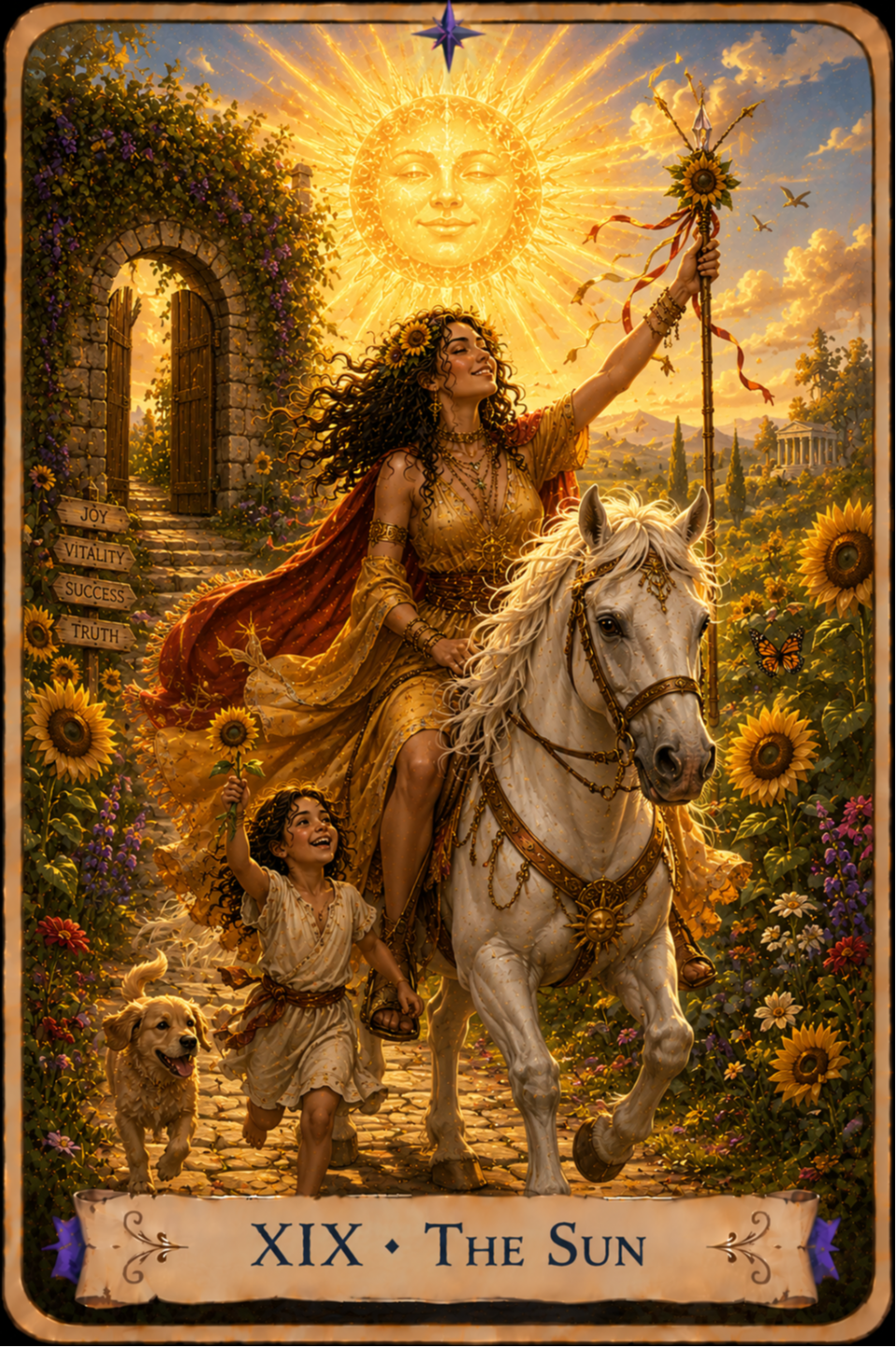 The Sun from The Unconquered Heart Tarot depicts a smiling woman riding a white horse along a path through a field of sunflowers. She raises a staff decorated with a sunflower and flowing ribbons. A smiling child runs beside the horse holding up a sunflower, with a golden dog nearby. A large glowing sun with a face fills the sky above them. An open stone archway stands in the background, beside signs reading “Joy,” “Vitality,” “Success,” and “Truth.”